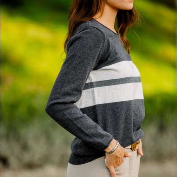 TKEQ Hampton Preppy Striped Crewneck Sweater Dark Gray White Cotton Cashmere XS - Picture 7 of 8
